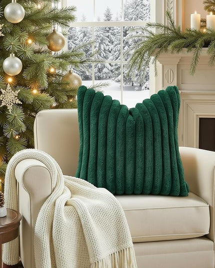 decorUhome Faux Fur Spring Throw Pillow Covers 18x18 Set of 2, Decorative Soft Plush Striped Neutral Couch Euro Pillow Covers with Velvet Back for Sofa, Bed, Living Room Home Decor, Christmas Green