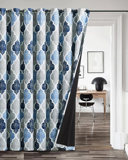Beauoop 100% Blackout Curtains 96 Inches Long for Patio Sliding Door Blue Grey Extra Wide Moroccan Geo Room Darkening Thermal Soundproof Room Divider Grommet Window Treatment Drapes,100x96 Set of 1