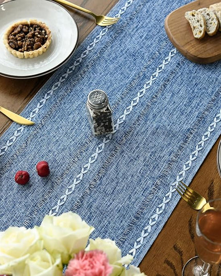 Artoid Mode Blue Rustic Cotton Linen Table Runner, Seasonal Embroidered Hollow Kitchen Dining Table Decoration for Home Party Decor 13x60 Inch