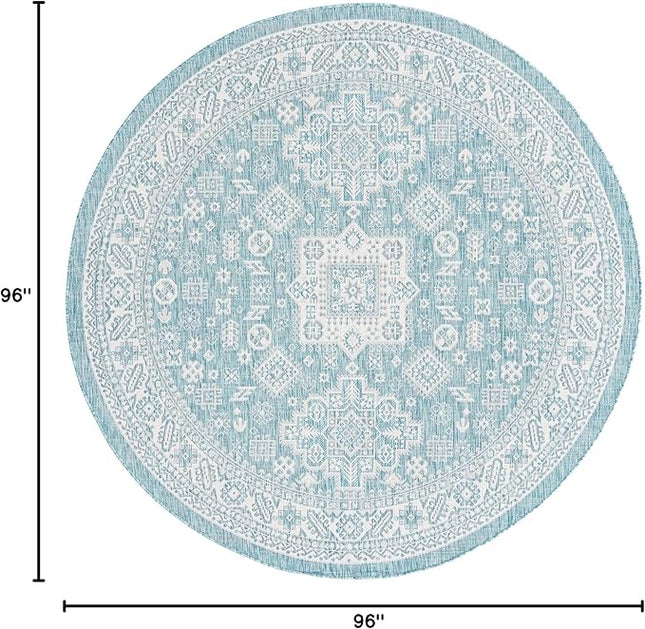 Rugs.com Outdoor Aztec Collection Rug – 8 Ft Round Aqua Flatweave Rug Perfect for Kitchens, Dining Rooms