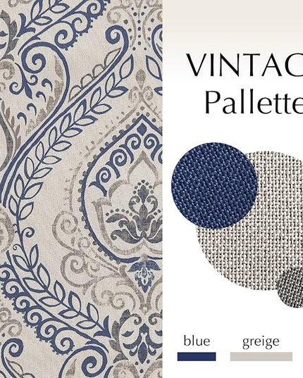 jinchan Linen Textured Curtains for Living Room Darkening 54 Inch Length, Medallion Drapes for Bedroom, Damask Pattern Window Treatments Vintage Curtain Panels, 2 Panels Blue on Greige