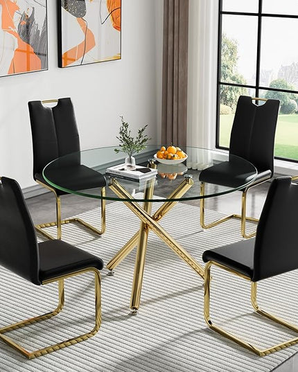 HomVent Round Glass Dining Table Set for 4, 5-Piece Modern Kitchen Table Set with 4 PU Upholstered Chair for Kitchen Dining Room, Glass Dining Room Table Set