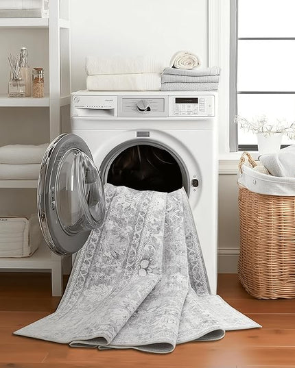 ReaLife Rugs Machine Washable Area Rug - Living Room Bedroom Bathroom Kitchen Entryway Office - Padded Low Pile Stain Resistant Premium - Boho Farmhouse Vintage - Noor - Silver Ivory 5' x 7'