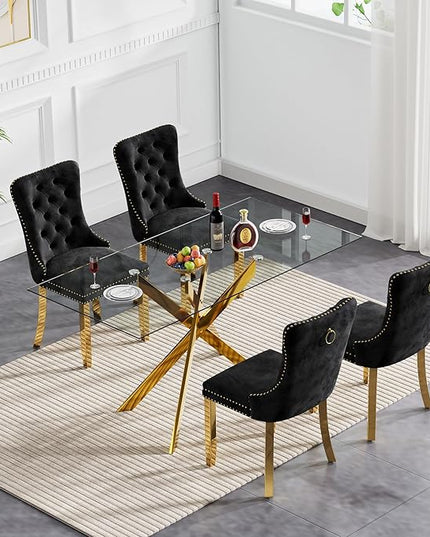 60" Glass Dining Table Set for 4, Modern Dining Room Table Set for 4, Gold X-Shape Pedestal Glass Table with 4pcs Black Dining Chairs, 5 Piece Dining Set for Dining Living Room