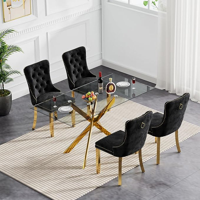 5 Piece Dining Table Set for 4, 51in Glass Dining Table Set with 4 Upholstered Dining Chairs, Black Tufted Chair & Dining Room Table Set w/Metal Legs, Gold Glass Kitchen Table and Chair Set for 4