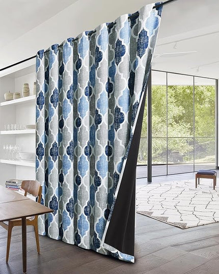 Beauoop 100% Blackout Curtains 84 Inches Long for Patio Sliding Door Blue Grey Extra Wide Moroccan Geo Room Darkening Thermal Soundproof Room Divider Grommet Window Treatment Drapes,100x84 Set of 1
