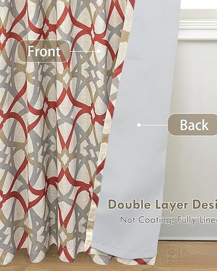 DriftAway Alexander Blackout Curtains for Living Room Linen Blend Pattern Match Thermal Insulated Room Darkening Geo Moroccan Mid Century Back Tab Bedroom Drapes 2 Panels 52 x 96 Inch Linen Red