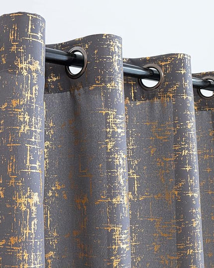 Taisier Home Soft Grey & Gold Glittering Geometric Dots Curtains 108" - Extra Long Luxury Drapes, Set of 2 Gold Foil Print Linen Panels with Sparkling Accents for Floor-Length Windows