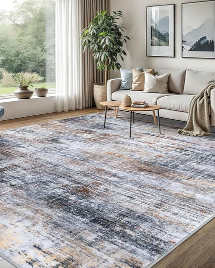 IOHOUZE Abstract Area Rugs 8x10 Ft Washable Large Rugs for Living Room, Non Slip Dining Room Rug, Printed Faux Wool Rugs for Bedroom, Floor Carpet for Office Nursery Playroom, Orange Grey