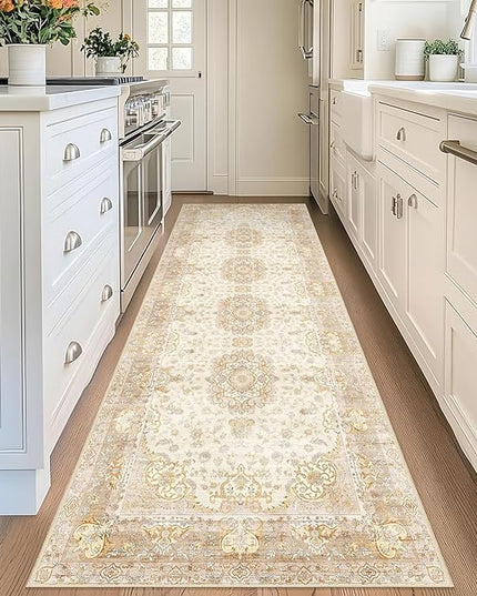 Washable Runner Rug 2'x8',Boho Rug Runners Non Slip,Long Rugs for Hallways Kitchen Bathroom Bedroom Entryway,Vintage Bohemian Distressed Floor Carpet,Beige Gold Floral