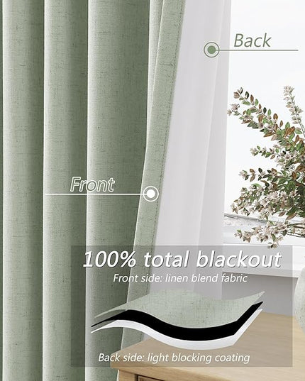 Guken Blackout Curtains 90 Inch Length 2 Panels Set for Living Room Bedroom Back Tab Thermal Insulated 100% Black Out Linen Drapes Room Darkening Window Curtains 90 Inches Long,Mist Sage