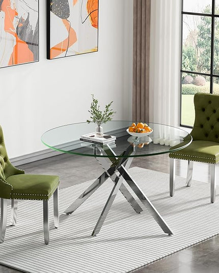 Round Glass Dining Table Set for 2, 47'' Clear Circular Kitchen Table and Chairs Set, 3PCS Modern Circle Dining Room Table Set with 2 Velvet Dining Chair for Home