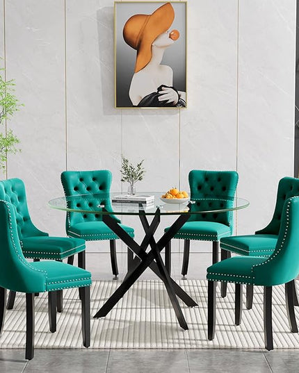 HomVent 7 Piece Round Glass Dining Table Set, Tempered Glass Dinner Table Set for 6 Kitchen Table Set with 6 Velvet Upholstered Chairs for Kitchen Dining Room
