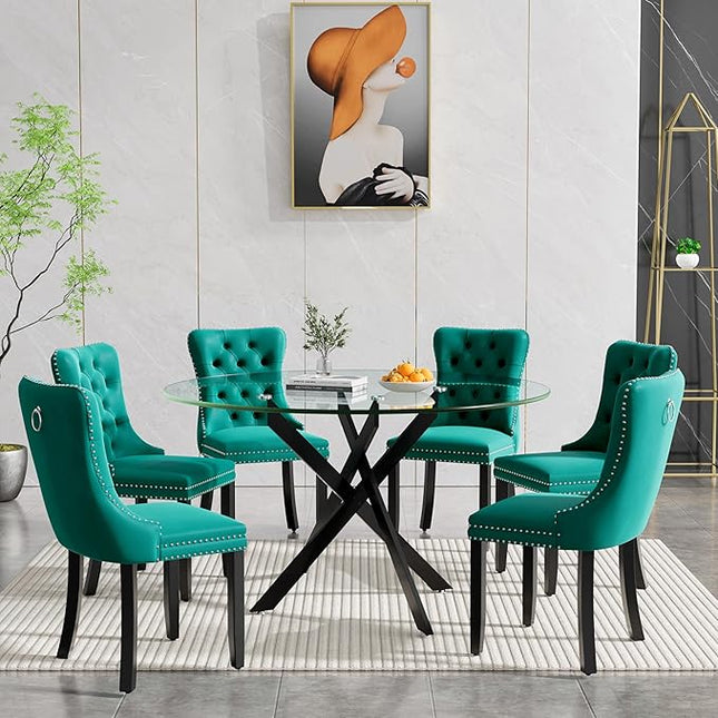HomVent 7 Piece Round Glass Dining Table Set, Tempered Glass Dinner Table Set for 6 Kitchen Table Set with 6 Velvet Upholstered Chairs for Kitchen Dining Room
