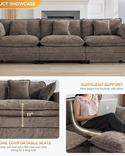 111'' Sectional Cloud Deep Seat Couch, Modern Comfy Chenille Modular Sectional Sofa for Living Room Set, Upholstered Modular 3-Seats Sofa Couch, Brown