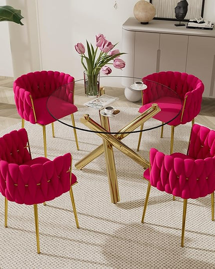 Gold Round Glass Dining Table Set for 4, 39'' Clear Dinner Table Set, 5 PCS Modern Circle Kitchen Table and Rose Red Woven Chairs Set, Luxury Circular Dinette Set, for Small Apartment