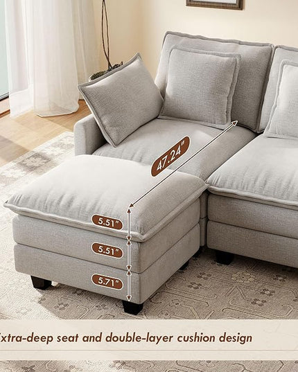 Ihanherry 57" L Shaped Modular Sectional Cloud Sofa, Modern 3 Seat Chenille Couch with Ottoman for Living Room, Bedroom and Apartment, Grey