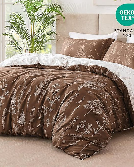 Love's cabin Chocolate Comforter Set Queen - Queen Size Comforter Set, 3 Pieces Cute Floral Bedding Sets for All Seasons,1 Soft Reversible Botanical Flowers Comforter and 2 Pillow Shams
