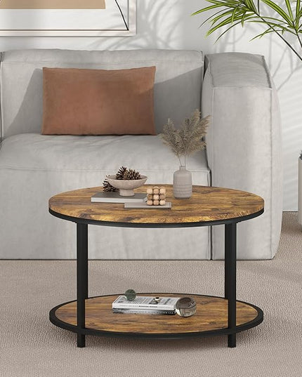 NSdirect Round Coffee Table, 25.6" Small Coffee Table for Living Room,2-Tier Rustic Wood Desktop with Storage Shelf Modern Design Home Furniture(Brown)