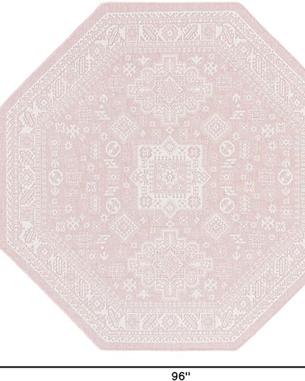 Rugs.com Outdoor Aztec Collection Rug – 8 Ft Octagon Pink Flatweave Rug Perfect for Living Rooms, Kitchens, Entryways