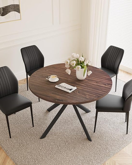 45.3'' Walnut Round Dining Table Set for 4, Mid Century Modern Small Coffee Set for Dining Room Kitchen Apartment (Dark Walnut Table + 4 Black Chairs)