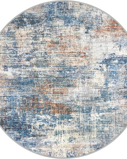 IOHOUZE Abstract Round Area Rug 8 Ft Washable Circle Rugs Large Round Rug Non Slip Thin Soft Circle Rugs, Printed Faux Wool Floor Carpet for Bedroom Living Room Dining Room Nursery, Blue Rust