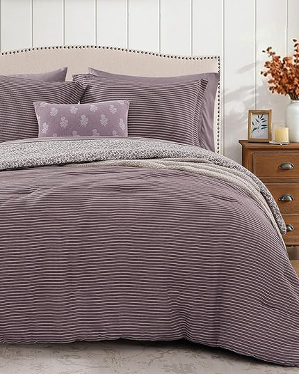 Queen Comforter Set - 7 Pieces Deep Purple Gauze Muslin Bedding Sets for All Seasons, Lightweight Breathable Bed in a Bag Queen with Revesible Farmhouse Comforter, Sheets, Pillowcases & Shams