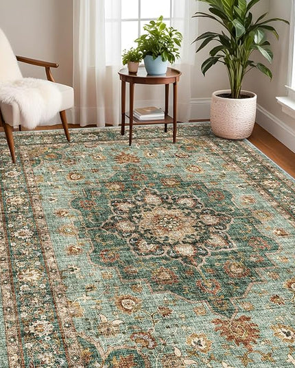 Washable Oriental Area Rug - 7x9 Rugs for Living Room Soft Carpet for Bedroom Waterproof Floral Distressed Indoor Stain Resistant Non-Shedding Floor Carpets (Green, 7x9)