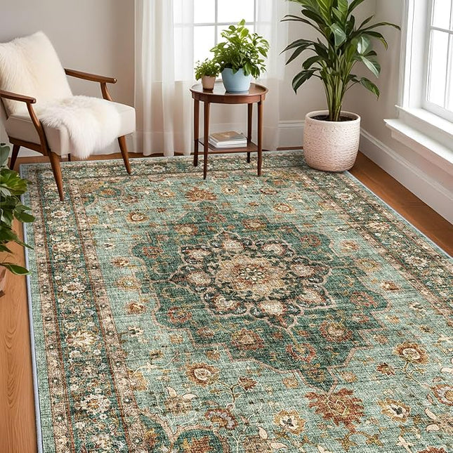 Washable Oriental Area Rug - 7x9 Rugs for Living Room Soft Carpet for Bedroom Waterproof Floral Distressed Indoor Stain Resistant Non-Shedding Floor Carpets (Green, 7x9)
