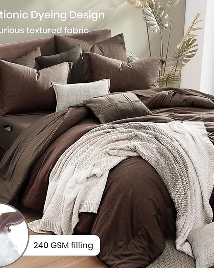 Monbix Full Size Comforter Set, Chocolate Brown Bedding Comforter for Full Size Bed Set Reversible, Bedding Sets Full 7 Pieces, Cationic Dyeing Bed in a Bag with Comforter, Sheets, Pillowcases & Shams