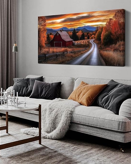 JuhaiArt Fall Wall Decor Red Barn Landscape Wall Art Natural Picture Sunset Scenery Canvas Decor for Living Room Bedroom Rustic Poster 24" x 48"