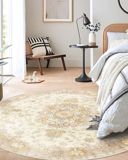 Boho Round Rug 5ft, Circle Area Rugs for Bedroom Living Room Bedside,Washable Vintage Bohemian Distressed Oriental Floral Carpet Non Slip,Retro Beige Floral
