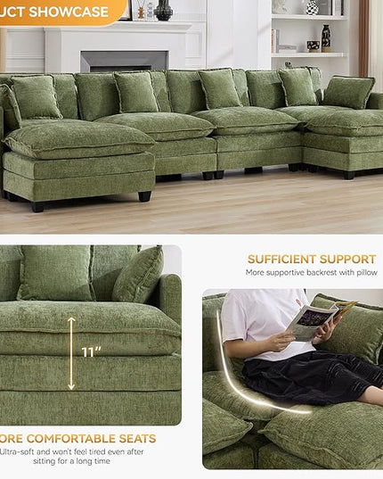 147'' Sectional Cloud Deep Seat Couch, Oversized Chenille U Shaped Sectional Sofa for Living Room Set, Comfy Upholstered Modular Sectional Sofa Couch with Movable Ottoman, Green