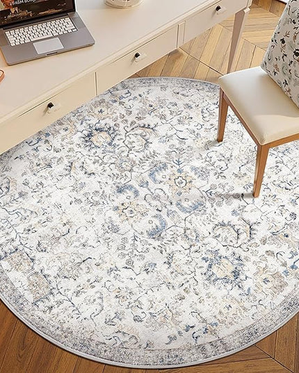 jinchan Kalen Round Rug 6ft Area Rug Washable Vintage Indoor Retro Floor Cover Distressed Floral 6' Round Circle Boho Non Slip Thin Carpet for Living Room Dining Room Bedroom Kitchen Blue