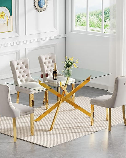Rectangle Glass Dining Table Set for 4, 60'' Kitchen Table and Chairs Set, 5PCS Modern Dining Room Table Set with 4 Velvet Dining Chair for Home