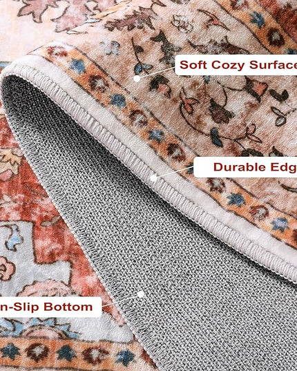 Ciicool Boho Area Rug 4x4ft Round Washable Bedroom Non-Slip Vintage Entryway Throw Low-Pile Indoor Carpet for Living Room Foyer