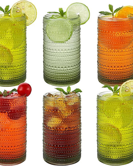 Vintage Hobnail Drinking Glasses Set of 6, 16 oz Large Capacity Embossed Green Tumblers, Highball Glasses for Water, Cocktail, Beer, Whiskey, Kitchen & Bar Use
