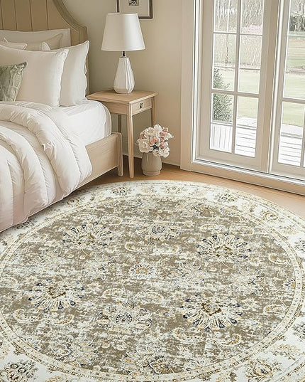 jinchan Fiora Round Rug 8ft Area Rugs - Vintage Floral Distressed Design Machine Washable Non-Slip Low-Pile Ultra-Thin Circle Rug for Living Room Dining Room Bedroom Farmhouse (8' Round, Taupe)