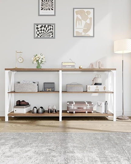 IBF Industrial Console Table, Wood and Metal Entryway Table Farmhouse White and Rustic Oak 3 Tier 63inch