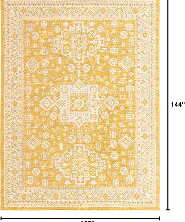 Rugs.com Outdoor Aztec Collection Rug – 9' x 12' Yellow Flatweave Rug Perfect for Living Rooms, Large Dining Rooms, Open Floorplans