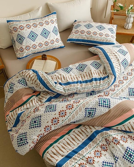 Houseri Colorful Boho Comforter Set Queen Blue Green Plaid Striped Orange Blush Diamonds Geometric Bedding Sets Queen Size Western Bohemian Bed Set Warm Soft Cozy Comfy Rustic Chic Quilt Blanket Queen