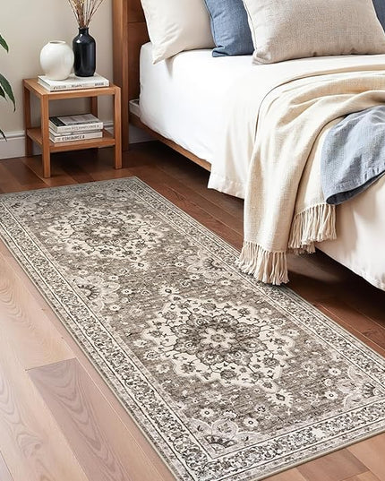 Washable Entryway 2x5 Rug - Small Throw Runners for Kitchen Bathroom Bedroom Non-Slip Ultra-Thin Indoor Door Mat Indoor Entrance - Stain Resistant Vintage Home Decor (Beige, 2X5)