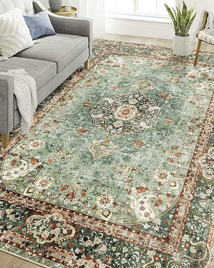 6x9 Area Rugs Washable,Green Rug for Living Room Bedroom Kitchen,Large Boho Vintage Bohemian Distressed Oriental Carpet Non Slip