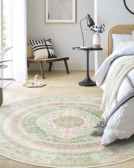Round Area Rugs 5ft Washable,Green Rug for Living Room Bedroom Dining Room,Large Boho Vintage Bohemian Distressed Oriental Carpet Non Slip,Sage Blush Floral