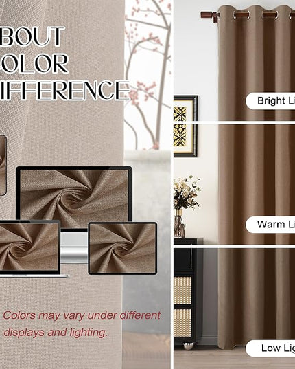 100% Blackout Taupe Curtains 84 Inch Length for Bedroom, Linen Textured Thermal Insulated Soundproof Lightweight Grommet Curtain Panels for Living Room, Warm Taupe, W52 x L84, 2 Panels