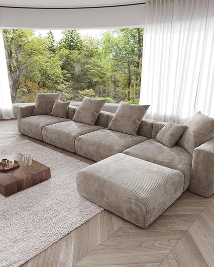 JACH 181" Oversized Modular Sectional Sofa, Deep 4-Seats Sectional Couch with Chaise Ottoman, Huge Plus Convertible Sofas, Corduroy Minimalist Couches for Living Room, Office, Apartment, Light Brown