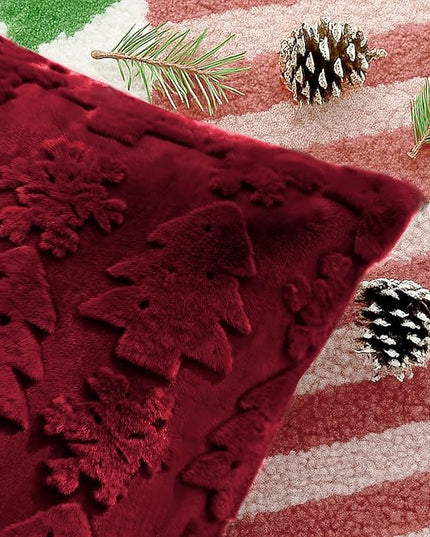 Touchat Christmas Pillow Covers 18x18, Soft Faux Rabbit Fur Throw Pillow Covers with 3D Embroidery Christmas Tree and Snowflake Design for Winter Holiday Home Decor, Couch Sofa Bedroom, Red