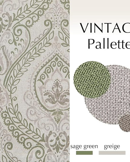 jinchan Linen Textured Curtains for Living Room Darkening 96 Inches Long, Medallion Drapes for Bedroom, Damask Pattern Window Treatments Vintage Curtain Panels, 2 Panels Sage Green on Greige