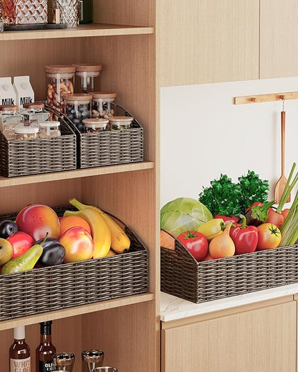 Ollieroo Rattan Storage Baskets, Handwoven Wicker Storage Bins with Built-in Handles, Storage Container Baskets for Shelves, Bedroom, Bathroom, Laundry Room or Kitchen(Brown)