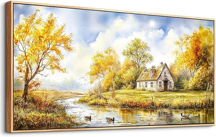 ERQINHUA Large Wall Art For Living Room Canvas Wall Decor For Bedroom Office Dining Room Yellow Pastoral Creek Landscape Painting Prints Pictures Farmhouse Home Wall Decoration 30"x60" Wood Frame